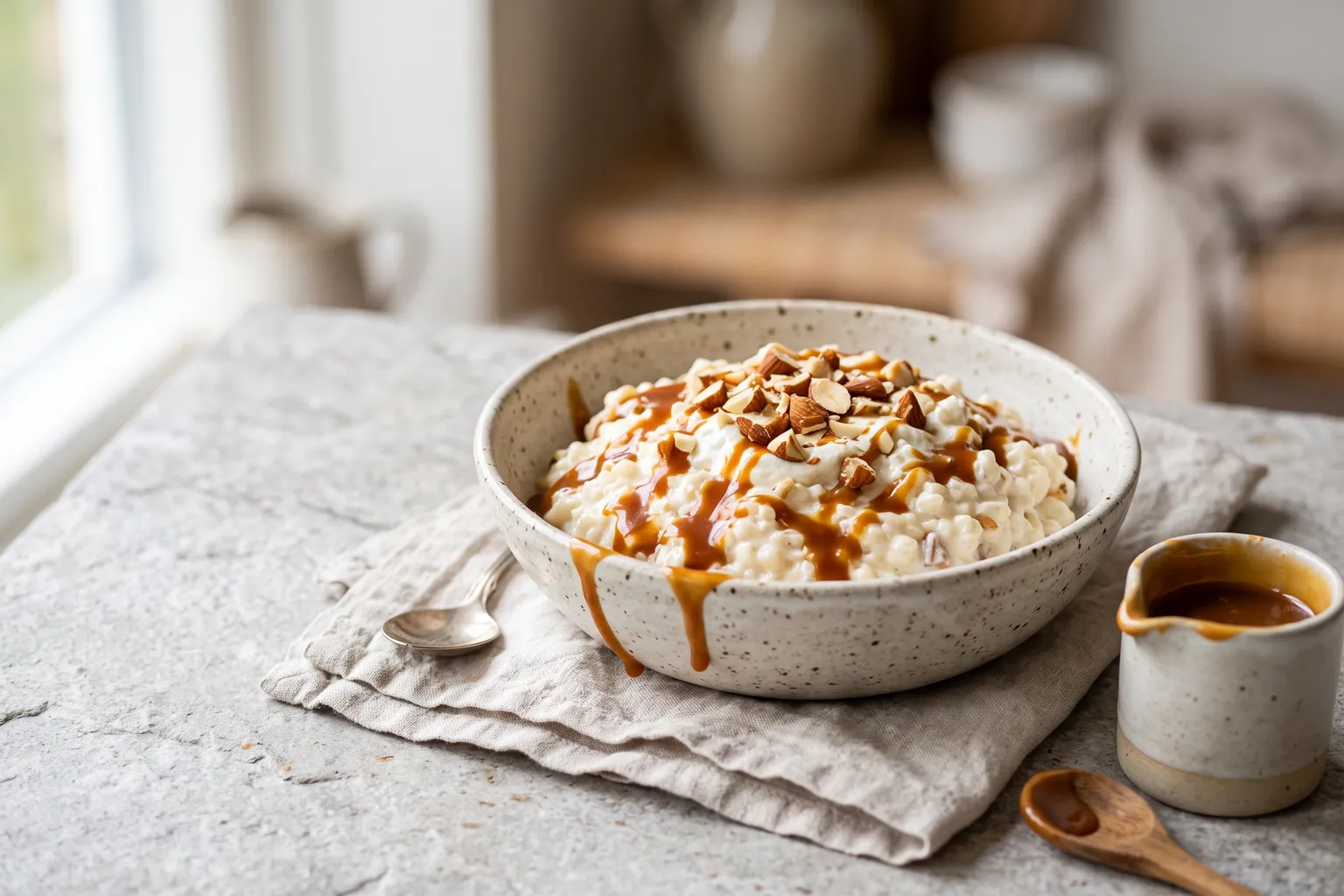 Skål med risalamande overhældt med gylden karamelsauce og toppet med ristede hakkede mandler