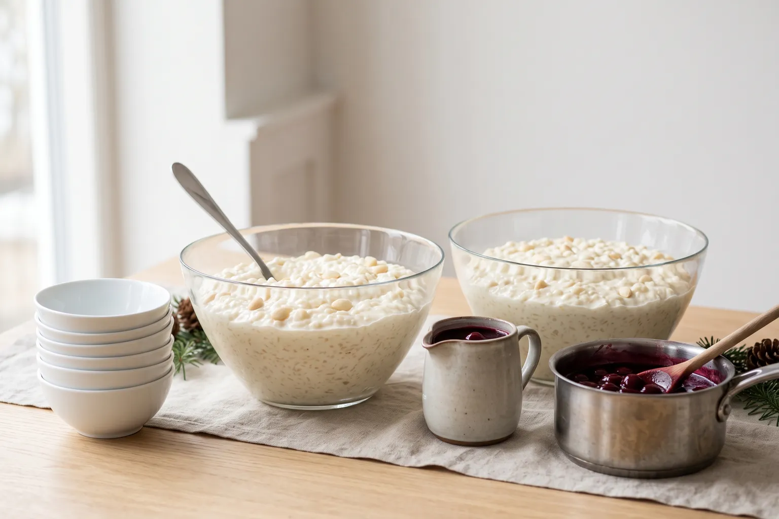 To store glasskåle med risalamande, en stak dessertskåle og kirsebærsovs i kande og gryde